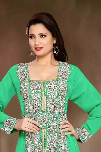 Sea-Green color Handmade Moroccan Kaftan with hijjab