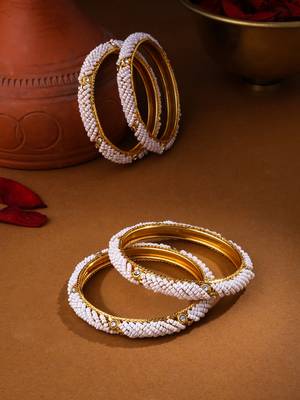 Women set of 2 gold-plated traditional pearls beaded bangles 1