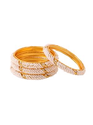 Women set of 2 gold-plated traditional pearls beaded bangles 4