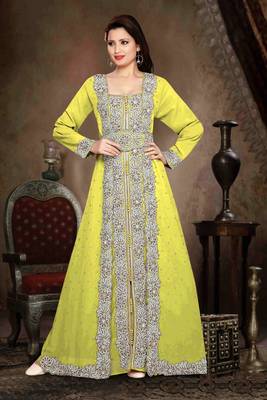 Yellow color Handmade Moroccan Kaftan with hijjab 1