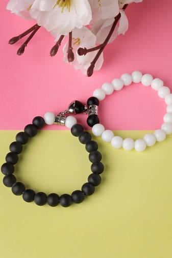 Unisex set of 2 black & white onyx handcrafted elasticated bracelet