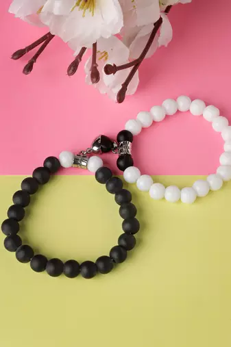 Unisex set of 2 black & white onyx handcrafted elasticated bracelet