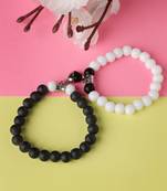 Unisex set of 2 black & white onyx handcrafted elasticated bracelet