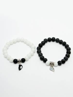 Unisex set of 2 black & white onyx handcrafted elasticated bracelet 2