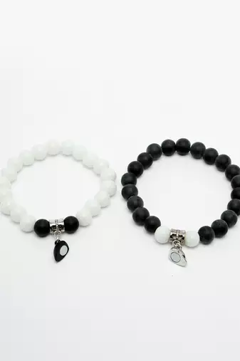 Unisex set of 2 black & white onyx handcrafted elasticated bracelet