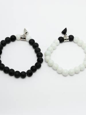 Unisex set of 2 black & white onyx handcrafted elasticated bracelet 3