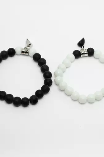 Unisex set of 2 black & white onyx handcrafted elasticated bracelet