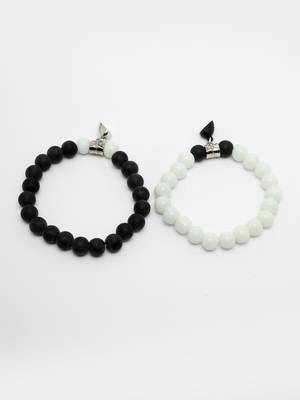 Unisex set of 2 black & white onyx handcrafted elasticated bracelet 4