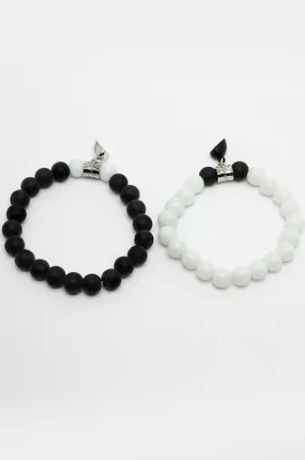 Unisex set of 2 black & white onyx handcrafted elasticated bracelet