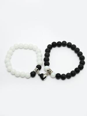 Unisex set of 2 black & white onyx handcrafted elasticated bracelet 5