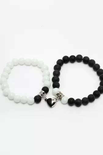 Unisex set of 2 black & white onyx handcrafted elasticated bracelet