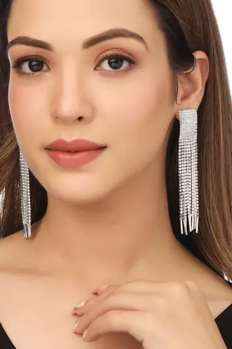 women silver toned contemporary ad studded drop earrings
