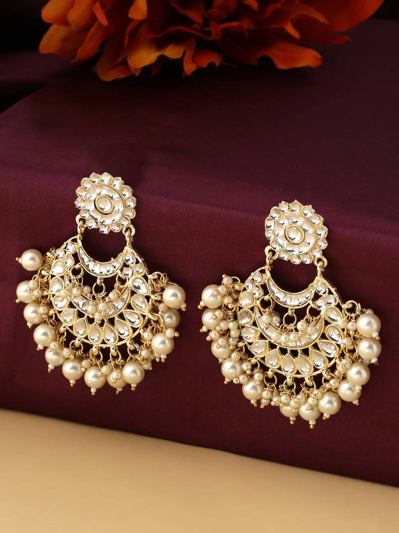 Women gold plated studded kundan chandbali earrings
