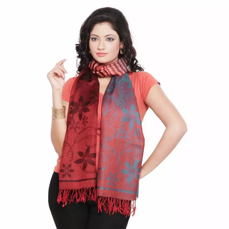 Floral N Leafy Designer Red Reversible Silk Stole Deepawali Gift 187