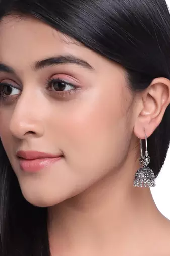 Women silver-plated contemporary jhumkas earrings