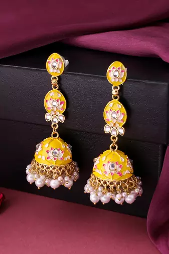 Women gold plated yellow  jhumkas earrings