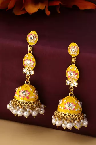 Women gold plated yellow  jhumkas earrings