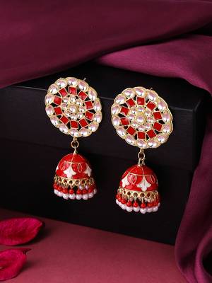 Women gold plated red dome shaped meenkari jhumkas earrings 1