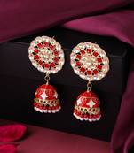 Women gold plated red dome shaped meenkari jhumkas earrings