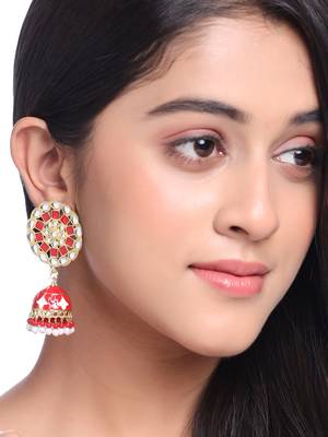 Women gold plated red dome shaped meenkari jhumkas earrings 2