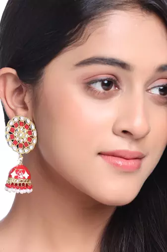 Women gold plated red dome shaped meenkari jhumkas earrings
