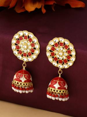 Women gold plated red dome shaped meenkari jhumkas earrings 3