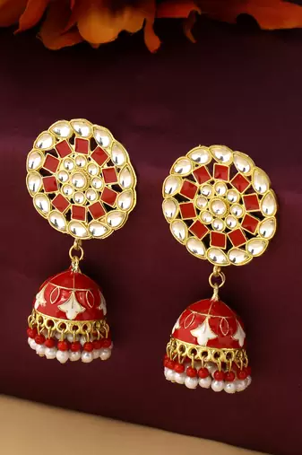Women gold plated red dome shaped meenkari jhumkas earrings