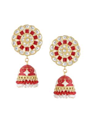Women gold plated red dome shaped meenkari jhumkas earrings 4