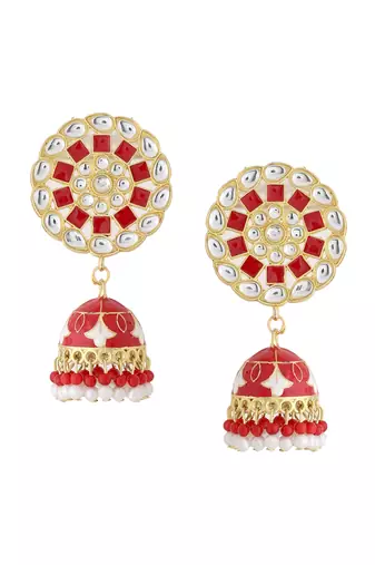 Women gold plated red dome shaped meenkari jhumkas earrings