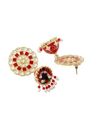 Women gold plated red dome shaped meenkari jhumkas earrings 5