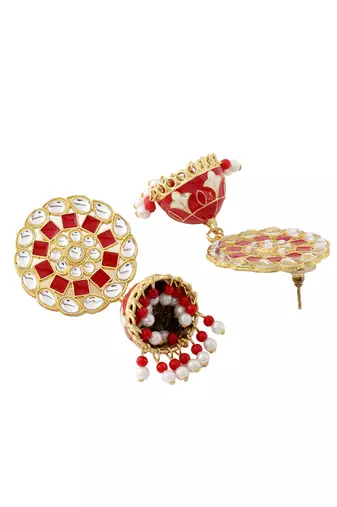 Women gold plated red dome shaped meenkari jhumkas earrings