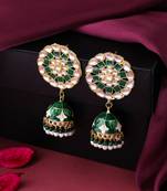 Women gold plated green dome shaped meenkari jhumkas earrings