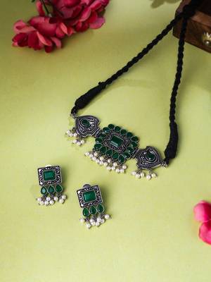 Women's oxidised silver plated green color stone jewellery set with earrings 1