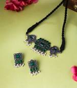 Women's oxidised silver plated green color stone jewellery set with earrings