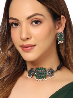 Women's oxidised silver plated green color stone jewellery set with earrings 2