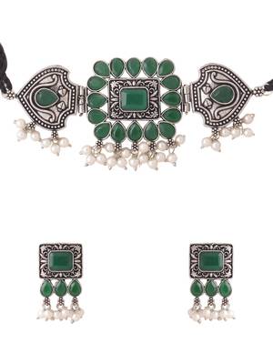 Women's oxidised silver plated green color stone jewellery set with earrings 3
