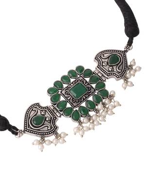 Women's oxidised silver plated green color stone jewellery set with earrings 4