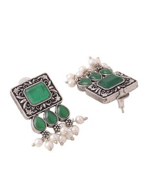 Women's oxidised silver plated green color stone jewellery set with earrings 5