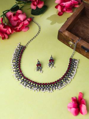 Women silver-plated stone studded oxidised silver jewellery set 1