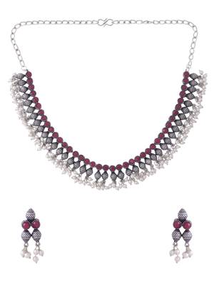Women silver-plated stone studded oxidised silver jewellery set 3