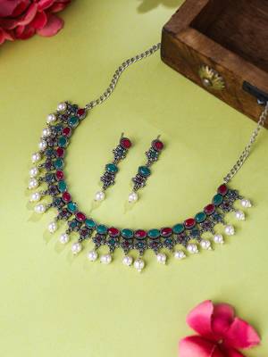 Women silver-plated stone studded oxidised silver jewellery set 1