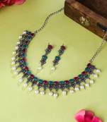 Women silver-plated stone studded oxidised silver jewellery set