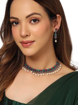 Women silver-plated stone studded oxidised silver jewellery set 2