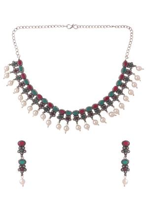 Women silver-plated stone studded oxidised silver jewellery set 3