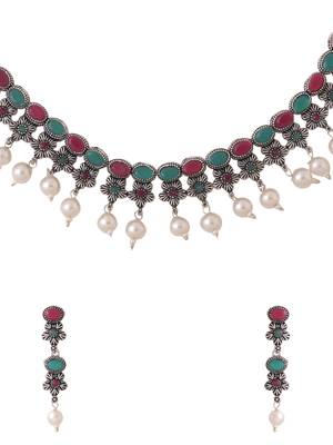 Women silver-plated stone studded oxidised silver jewellery set 4