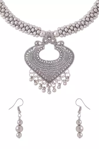 Women silver toned oxidised jewellery set