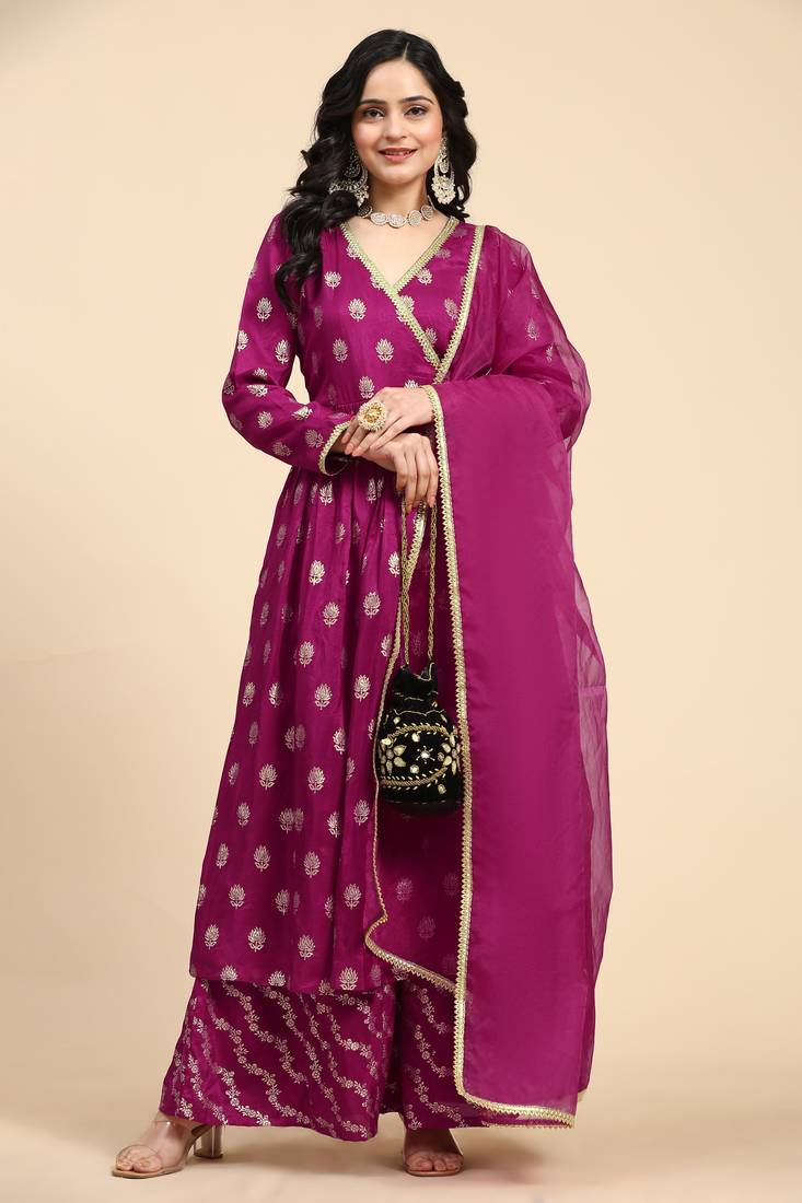 Trendmalls  Jacquard Brocade Salwar Suit Set Angrakha Kurta Palazzo with Dupatta Pink Kurta Set for Women