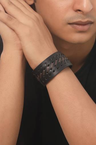 Men's black leather bracelet