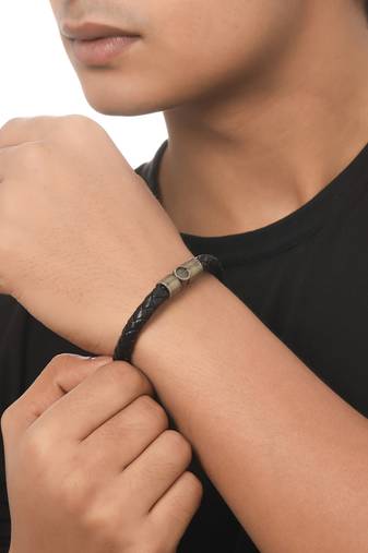 Men's black leather bracelet