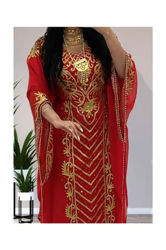 Grand Ruby Red Kaftan Gown with Heavy Gold Zari Work | Wedding & Event Dress